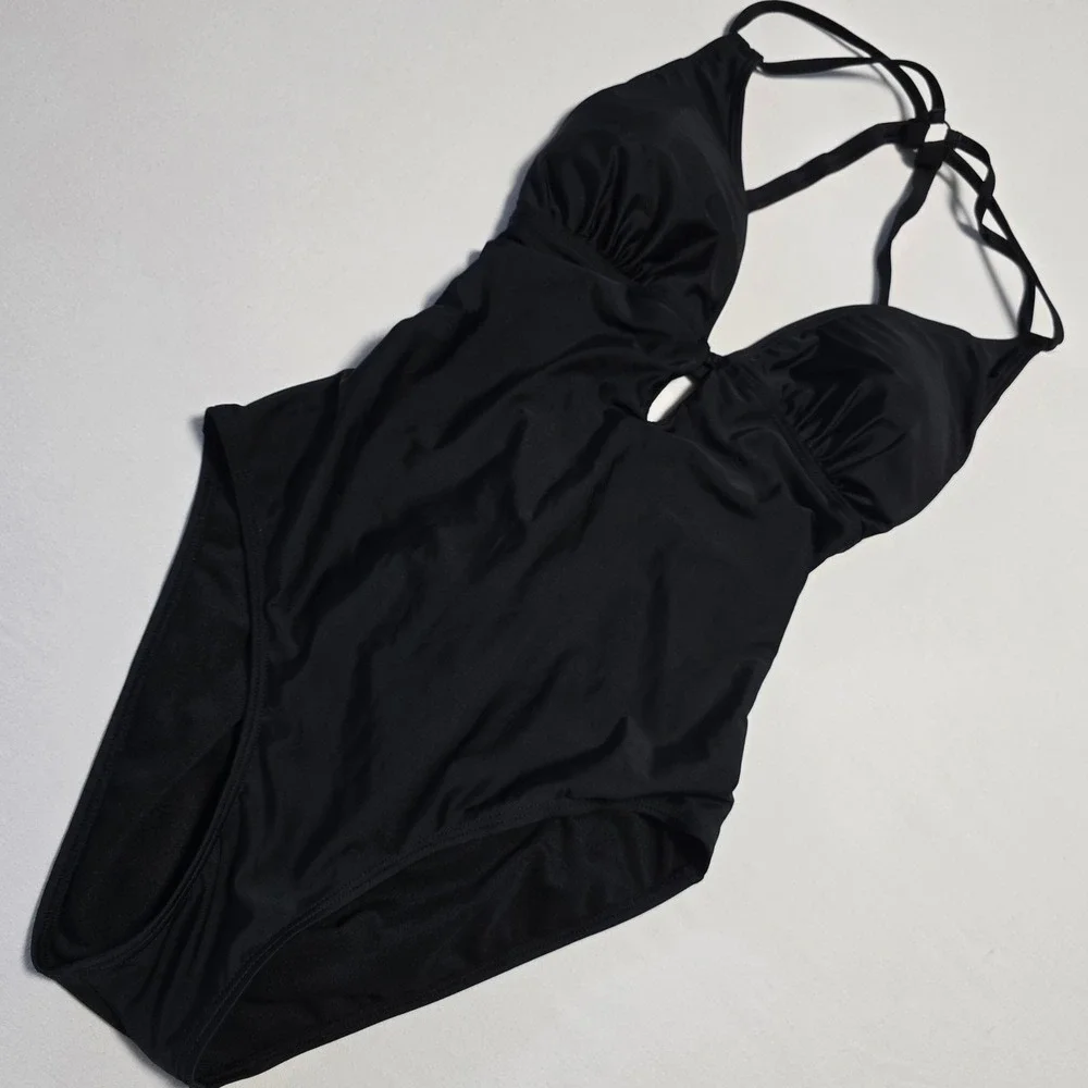 Women Size XL One Piece Swimsuit Black Strappy Lace Up Back Cutout